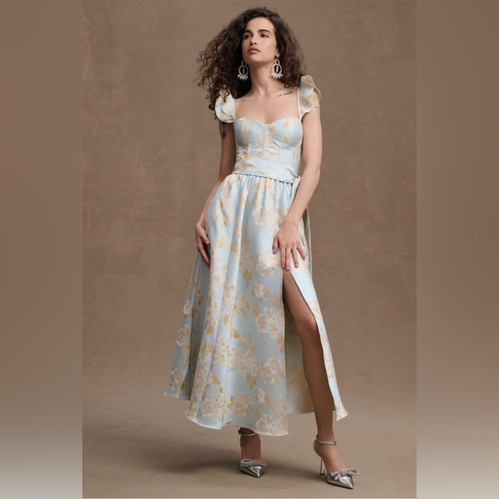 V. Chapman Vera Ruffle-Strap Corset Side-Slit Midi Dress
